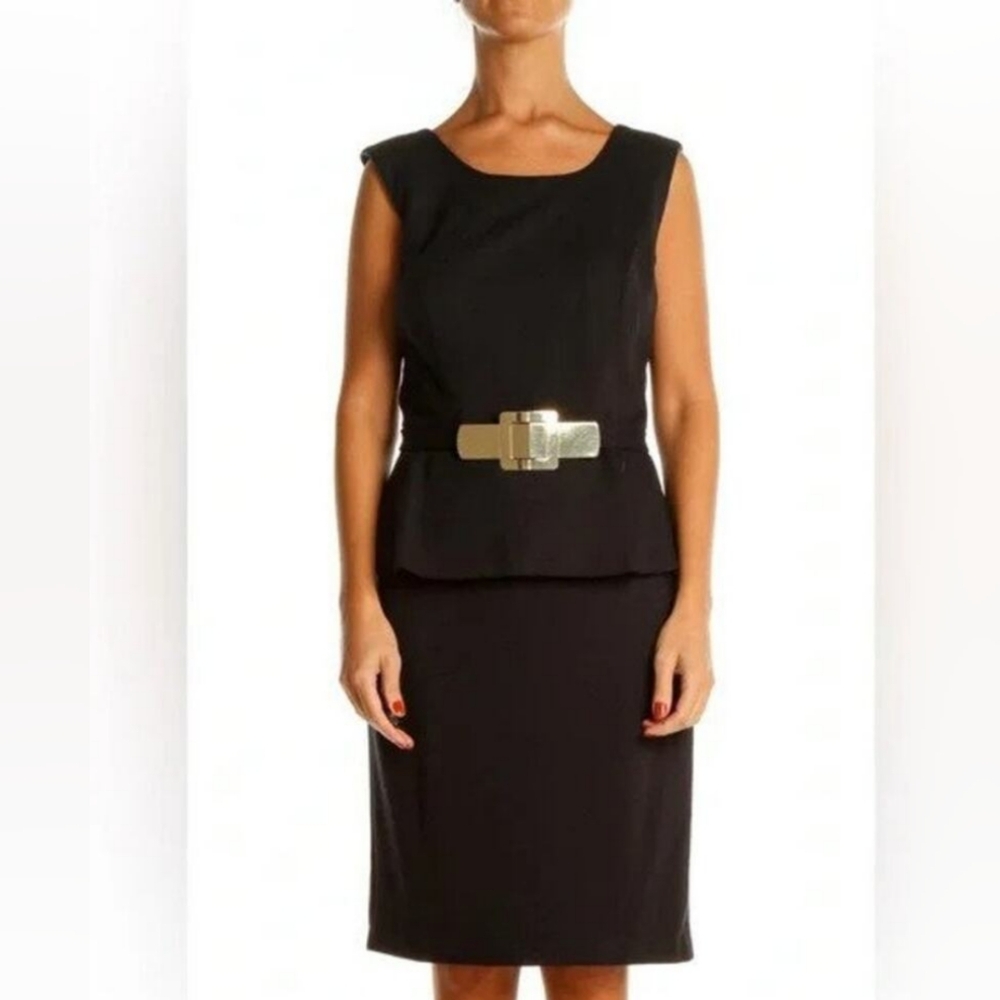 Alfani peplum black dress with gold belt, sleeveless, size 2p